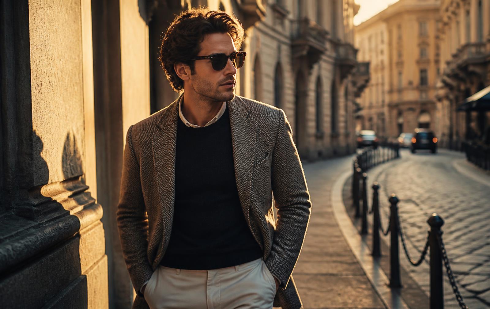 A man walking through a sunlit city street at golden hour